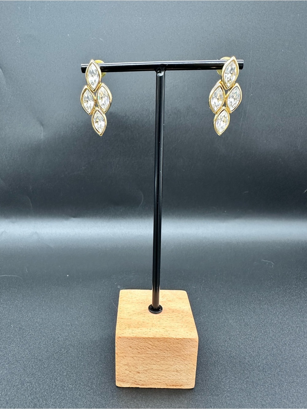 Vintage Napier Signed Gold Swarovski Crystal Marquise Runway Statement Pierced E